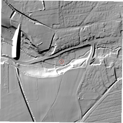 Shaded relief map of the ground around DN119NL, computed from Environment Agency LiDAR. The ground here sits at about 19 m above sea level and falls 24 m across the surrounding 800 m. Surface water reaching this point runs off ground lying to the south-west, 17.8 m higher.