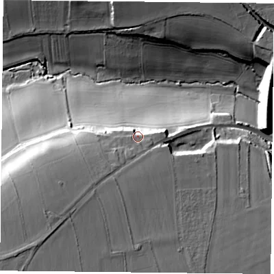Shaded relief map of the ground around DN119PQ, computed from Environment Agency LiDAR. The ground here sits at about 40 m above sea level and falls 33 m across the surrounding 800 m. Surface water reaching this point runs off ground lying to the south-west, 5.4 m higher.