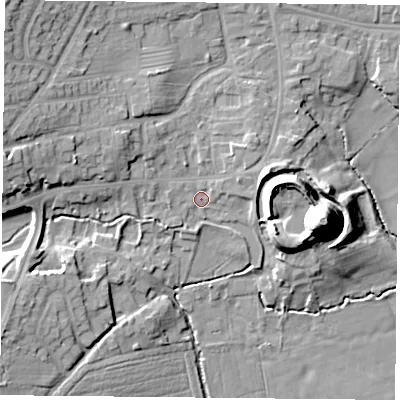 Shaded relief map of the ground around DN119QX, computed from Environment Agency LiDAR. The ground here sits at about 17 m above sea level and falls 30 m across the surrounding 800 m. Surface water reaching this point runs off ground lying to the west-north-west, 8.4 m higher.