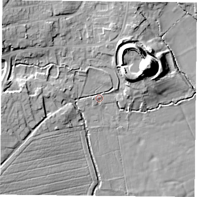 Shaded relief map of the ground around DN119QY, computed from Environment Agency LiDAR. The ground here sits at about 15 m above sea level and falls 31 m across the surrounding 800 m. Surface water reaching this point runs off ground lying to the north-west, 10.6 m higher.