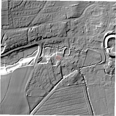 Shaded relief map of the ground around DN119RD, computed from Environment Agency LiDAR. The ground here sits at about 19 m above sea level and falls 22 m across the surrounding 800 m. Surface water reaching this point runs off ground lying to the west-south-west, 5.4 m higher.