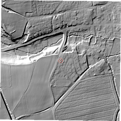 Shaded relief map of the ground around DN119RE, computed from Environment Agency LiDAR. The ground here sits at about 25 m above sea level and falls 25 m across the surrounding 800 m. Surface water reaching this point runs off ground lying to the south-west, 10.4 m higher.