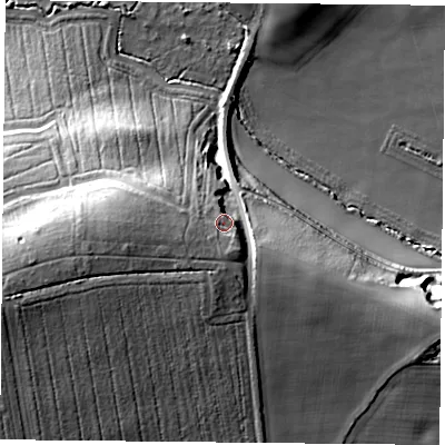 Shaded relief map of the ground around DN119RG, computed from Environment Agency LiDAR. The ground here sits at about 38 m above sea level and falls 37 m across the surrounding 800 m. Surface water reaching this point runs off ground lying to the west-south-west, 14.5 m higher.