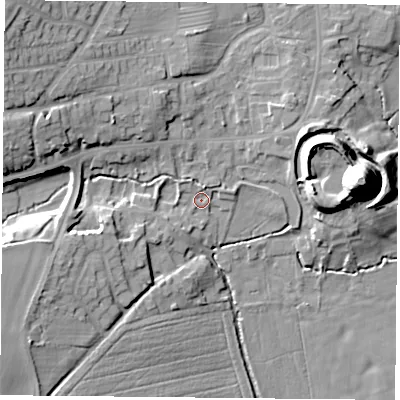 Shaded relief map of the ground around DN119RW, computed from Environment Agency LiDAR. The ground here sits at about 17 m above sea level and falls 30 m across the surrounding 800 m. Surface water reaching this point runs off ground lying to the south-west, 12.0 m higher.