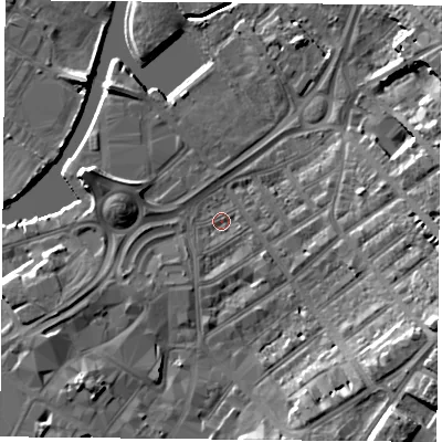Shaded relief map of the ground around DN11LU, computed from Environment Agency LiDAR. The ground here sits at about 10 m above sea level and falls 15 m across the surrounding 800 m. Surface water reaching this point runs off ground lying to the east-south-east, 12.1 m higher.
