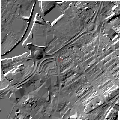 Shaded relief map of the ground around DN11LW, computed from Environment Agency LiDAR. The ground here sits at about 10 m above sea level and falls 15 m across the surrounding 800 m. Surface water reaching this point runs off ground lying to the east-south-east, 11.3 m higher.
