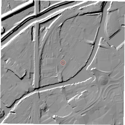 Shaded relief map of the ground around DN11QE, computed from Environment Agency LiDAR. The ground here sits at about 9 m above sea level and falls 13 m across the surrounding 800 m. Surface water reaching this point runs off ground lying to the south-west, 3.8 m higher.