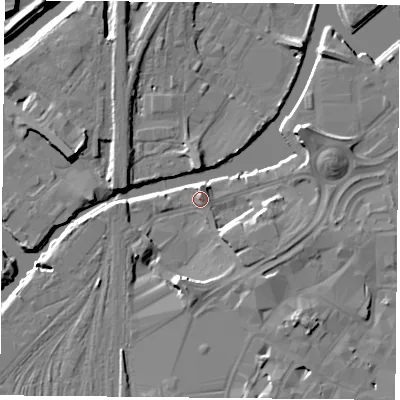 Shaded relief map of the ground around DN11QN, computed from Environment Agency LiDAR. The ground here sits at about 11 m above sea level and falls 11 m across the surrounding 800 m. Surface water reaching this point runs off ground lying to the south-east, 4.0 m higher.