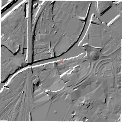 Shaded relief map of the ground around DN11QU, computed from Environment Agency LiDAR. The ground here sits at about 10 m above sea level and falls 11 m across the surrounding 800 m. Surface water reaching this point runs off ground lying to the south-south-west, 7.8 m higher.