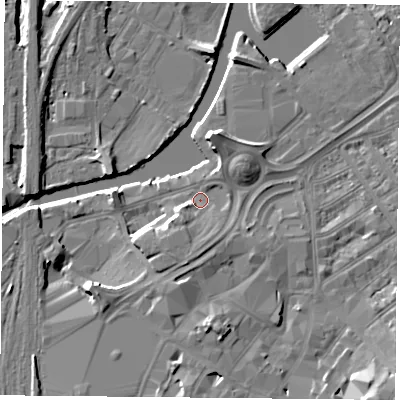 Shaded relief map of the ground around DN11RD, computed from Environment Agency LiDAR. The ground here sits at about 11 m above sea level and falls 12 m across the surrounding 800 m. Surface water reaching this point runs off ground lying to the south, 4.3 m higher.