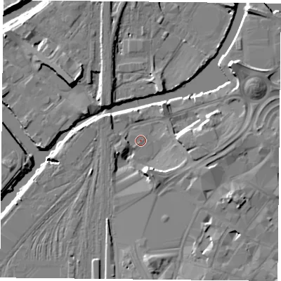 Shaded relief map of the ground around DN11RE, computed from Environment Agency LiDAR. The ground here sits at about 10 m above sea level and falls 11 m across the surrounding 800 m. Surface water reaching this point runs off ground lying to the south-south-east, 6.0 m higher.