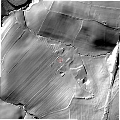 Shaded relief map of the ground around DN122AT, computed from Environment Agency LiDAR. The ground here sits at about 50 m above sea level and falls 48 m across the surrounding 800 m. Surface water reaching this point runs off ground lying to the south-south-east, 24.7 m higher.