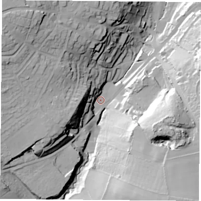 Shaded relief map of the ground around DN122BT, computed from Environment Agency LiDAR. The ground here sits at about 36 m above sea level and falls 50 m across the surrounding 800 m. Surface water reaching this point runs off ground lying to the east-south-east, 40.5 m higher.