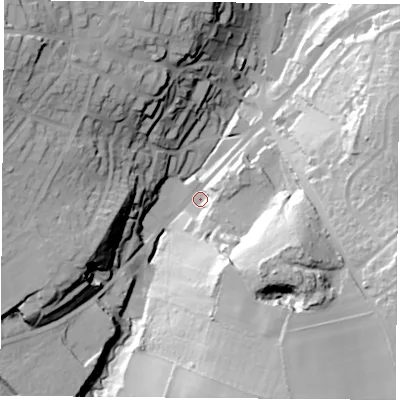Shaded relief map of the ground around DN122BY, computed from Environment Agency LiDAR. The ground here sits at about 37 m above sea level and falls 48 m across the surrounding 800 m. Surface water reaching this point runs off ground lying to the east-south-east, 38.4 m higher.