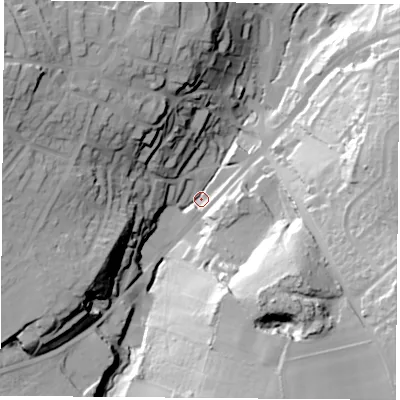 Shaded relief map of the ground around DN122BZ, computed from Environment Agency LiDAR. The ground here sits at about 33 m above sea level and falls 49 m across the surrounding 800 m. Surface water reaching this point runs off ground lying to the west-north-west, 45.0 m higher.