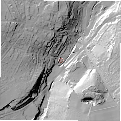 Shaded relief map of the ground around DN122EE, computed from Environment Agency LiDAR. The ground here sits at about 34 m above sea level and falls 50 m across the surrounding 800 m. Surface water reaching this point runs off ground lying to the south-east, 41.8 m higher.