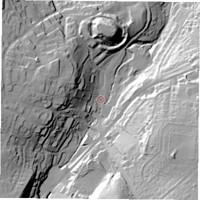 Shaded relief map of the ground around DN123AB, computed from Environment Agency LiDAR. The ground here sits at about 32 m above sea level and falls 63 m across the surrounding 800 m. Surface water reaching this point runs off ground lying to the east-south-east, 45.2 m higher.