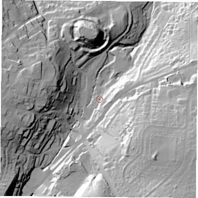 Shaded relief map of the ground around DN123AD, computed from Environment Agency LiDAR. The ground here sits at about 32 m above sea level and falls 64 m across the surrounding 800 m. Surface water reaching this point runs off ground lying to the east, 12.7 m higher.