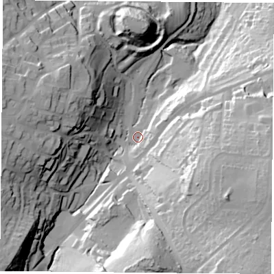 Shaded relief map of the ground around DN123AE, computed from Environment Agency LiDAR. The ground here sits at about 32 m above sea level and falls 65 m across the surrounding 800 m. Surface water reaching this point runs off ground lying to the east-south-east, 44.7 m higher.