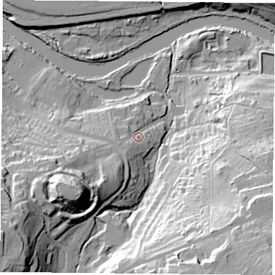 Shaded relief map of the ground around DN123EE, computed from Environment Agency LiDAR. The ground here sits at about 21 m above sea level and falls 57 m across the surrounding 800 m. Surface water reaching this point runs off ground lying to the south-west, 8.5 m higher.