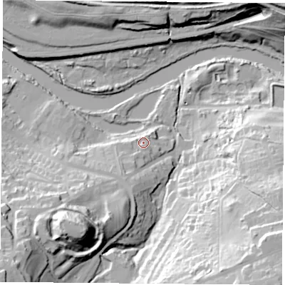 Shaded relief map of the ground around DN123EF, computed from Environment Agency LiDAR. The ground here sits at about 17 m above sea level and falls 53 m across the surrounding 800 m. Surface water reaching this point runs off ground lying to the south-south-west, 8.6 m higher.