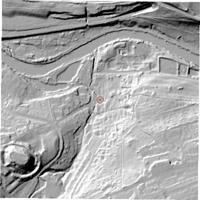 Shaded relief map of the ground around DN123EG, computed from Environment Agency LiDAR. The ground here sits at about 14 m above sea level and falls 55 m across the surrounding 800 m. Surface water reaching this point runs off ground lying to the south-east, 44.5 m higher.