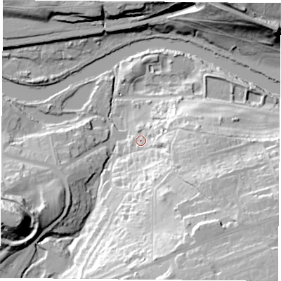 Shaded relief map of the ground around DN123EH, computed from Environment Agency LiDAR. The ground here sits at about 20 m above sea level and falls 56 m across the surrounding 800 m. Surface water reaching this point runs off ground lying to the east, 17.2 m higher.