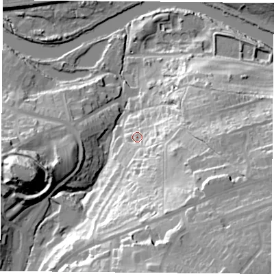 Shaded relief map of the ground around DN123EN, computed from Environment Agency LiDAR. The ground here sits at about 23 m above sea level and falls 60 m across the surrounding 800 m. Surface water reaching this point runs off ground lying to the south-east, 47.2 m higher.