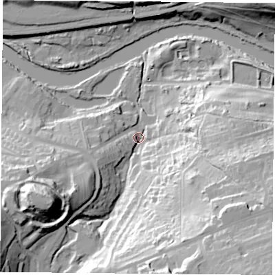 Shaded relief map of the ground around DN123EQ, computed from Environment Agency LiDAR. The ground here sits at about 14 m above sea level and falls 57 m across the surrounding 800 m. Surface water reaching this point runs off ground lying to the south-east, 55.1 m higher.