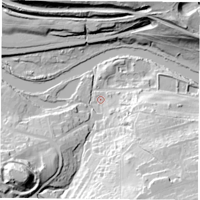 Shaded relief map of the ground around DN123ES, computed from Environment Agency LiDAR. The ground here sits at about 14 m above sea level and falls 52 m across the surrounding 800 m. Surface water reaching this point runs off ground lying to the south-east, 39.1 m higher.