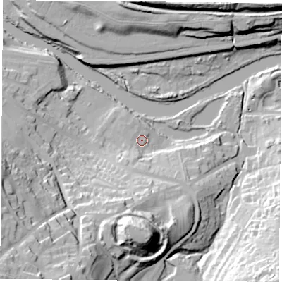 Shaded relief map of the ground around DN123GA, computed from Environment Agency LiDAR. The ground here sits at about 16 m above sea level and falls 55 m across the surrounding 800 m. Surface water reaching this point runs off ground lying to the south, 39.2 m higher.