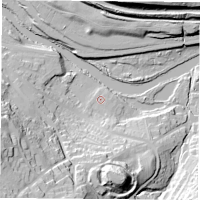 Shaded relief map of the ground around DN123GB, computed from Environment Agency LiDAR. The ground here sits at about 16 m above sea level and falls 56 m across the surrounding 800 m. Surface water reaching this point runs off ground lying to the south, 23.6 m higher.