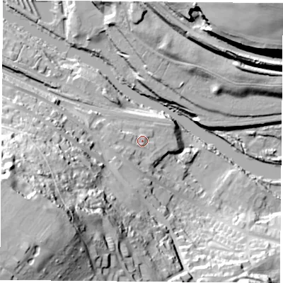 Shaded relief map of the ground around DN123GE, computed from Environment Agency LiDAR. The ground here sits at about 22 m above sea level and falls 70 m across the surrounding 800 m. Surface water reaching this point runs off ground lying to the south-west, 58.4 m higher.