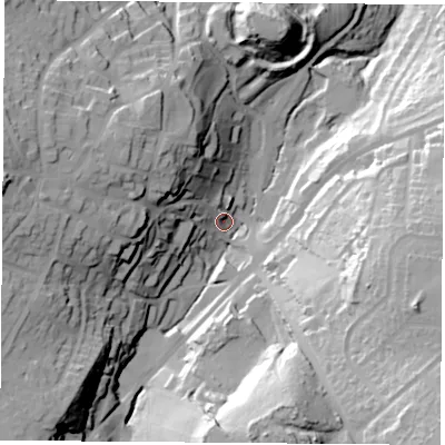 Shaded relief map of the ground around DN123HA, computed from Environment Agency LiDAR. The ground here sits at about 35 m above sea level and falls 63 m across the surrounding 800 m. Surface water reaching this point runs off ground lying to the south-east, 49.7 m higher.