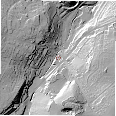 Shaded relief map of the ground around DN123HB, computed from Environment Agency LiDAR. The ground here sits at about 33 m above sea level and falls 64 m across the surrounding 800 m. Surface water reaching this point runs off ground lying to the south-east, 50.4 m higher.