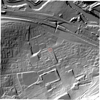 Shaded relief map of the ground around DN124AB, computed from Environment Agency LiDAR. The ground here sits at about 19 m above sea level and falls 68 m across the surrounding 800 m. Surface water reaching this point runs off ground lying to the south-south-east, 34.7 m higher.