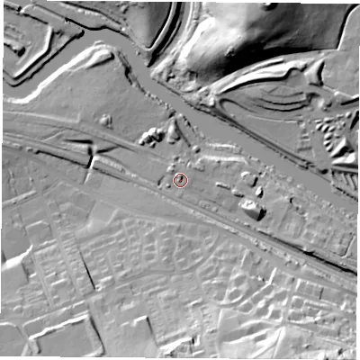 Shaded relief map of the ground around DN124EH, computed from Environment Agency LiDAR. The ground here sits at about 18 m above sea level and falls 43 m across the surrounding 800 m. Surface water reaching this point runs off ground lying to the east-south-east, 9.4 m higher.
