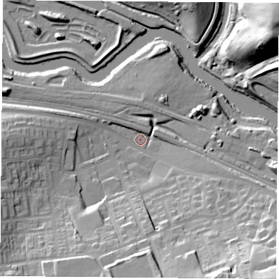 Shaded relief map of the ground around DN124ET, computed from Environment Agency LiDAR. The ground here sits at about 14 m above sea level and falls 33 m across the surrounding 800 m. Surface water reaching this point runs off ground lying to the south-east, 30.1 m higher.