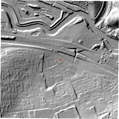Shaded relief map of the ground around DN124HU, computed from Environment Agency LiDAR. The ground here sits at about 14 m above sea level and falls 29 m across the surrounding 800 m. Surface water reaching this point runs off ground lying to the south-east, 26.8 m higher.
