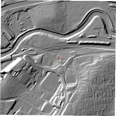 Shaded relief map of the ground around DN124JH, computed from Environment Agency LiDAR. The ground here sits at about 16 m above sea level and falls 31 m across the surrounding 800 m. Surface water reaching this point runs off ground lying to the south-south-east, 8.1 m higher.