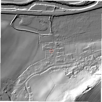 Shaded relief map of the ground around DN124LB, computed from Environment Agency LiDAR. The ground here sits at about 16 m above sea level and falls 65 m across the surrounding 800 m. Surface water reaching this point runs off ground lying to the south-south-east, 59.6 m higher.