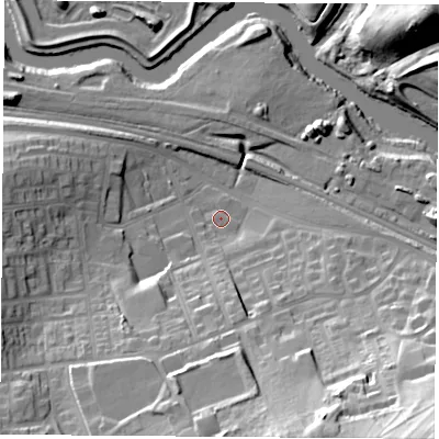 Shaded relief map of the ground around DN124UW, computed from Environment Agency LiDAR. The ground here sits at about 15 m above sea level and falls 45 m across the surrounding 800 m. Surface water reaching this point runs off ground lying to the south-east, 41.2 m higher.