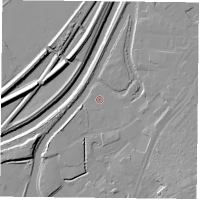 Shaded relief map of the ground around DN12FA, computed from Environment Agency LiDAR. The ground here sits at about 9 m above sea level and falls 14 m across the surrounding 800 m. Surface water reaching this point runs off ground lying to the south-south-west, 0.7 m higher.