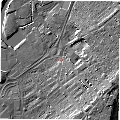 Shaded relief map of the ground around DN12LP, computed from Environment Agency LiDAR. The ground here sits at about 11 m above sea level and falls 16 m across the surrounding 800 m. Surface water reaching this point runs off ground lying to the east-south-east, 12.3 m higher.