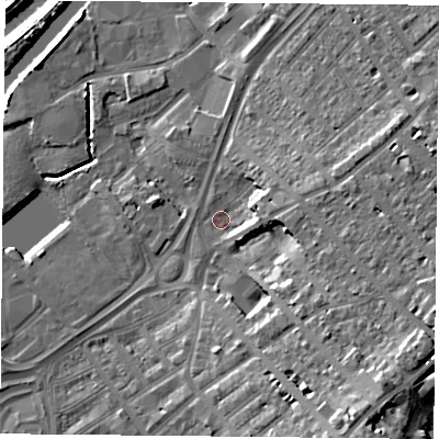 Shaded relief map of the ground around DN12ND, computed from Environment Agency LiDAR. The ground here sits at about 10 m above sea level and falls 20 m across the surrounding 800 m. Surface water reaching this point runs off ground lying to the east-north-east, 6.1 m higher.