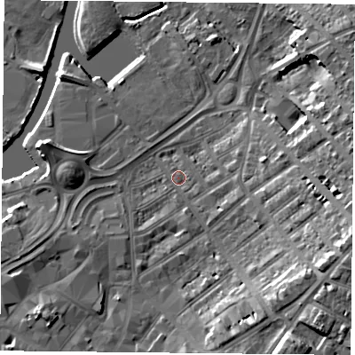 Shaded relief map of the ground around DN12QS, computed from Environment Agency LiDAR. The ground here sits at about 10 m above sea level and falls 15 m across the surrounding 800 m. Surface water reaching this point runs off ground lying to the east-south-east, 10.8 m higher.