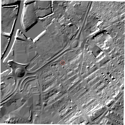 Shaded relief map of the ground around DN12QU, computed from Environment Agency LiDAR. The ground here sits at about 10 m above sea level and falls 15 m across the surrounding 800 m. Surface water reaching this point runs off ground lying to the east-south-east, 13.0 m higher.