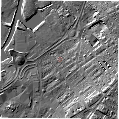 Shaded relief map of the ground around DN12QY, computed from Environment Agency LiDAR. The ground here sits at about 11 m above sea level and falls 15 m across the surrounding 800 m. Surface water reaching this point runs off ground lying to the east, 2.5 m higher.