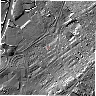 Shaded relief map of the ground around DN12QZ, computed from Environment Agency LiDAR. The ground here sits at about 11 m above sea level and falls 16 m across the surrounding 800 m. Surface water reaching this point runs off ground lying to the east, 4.9 m higher.