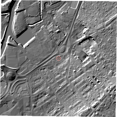 Shaded relief map of the ground around DN12RD, computed from Environment Agency LiDAR. The ground here sits at about 10 m above sea level and falls 16 m across the surrounding 800 m. Surface water reaching this point runs off ground lying to the east-south-east, 13.9 m higher.